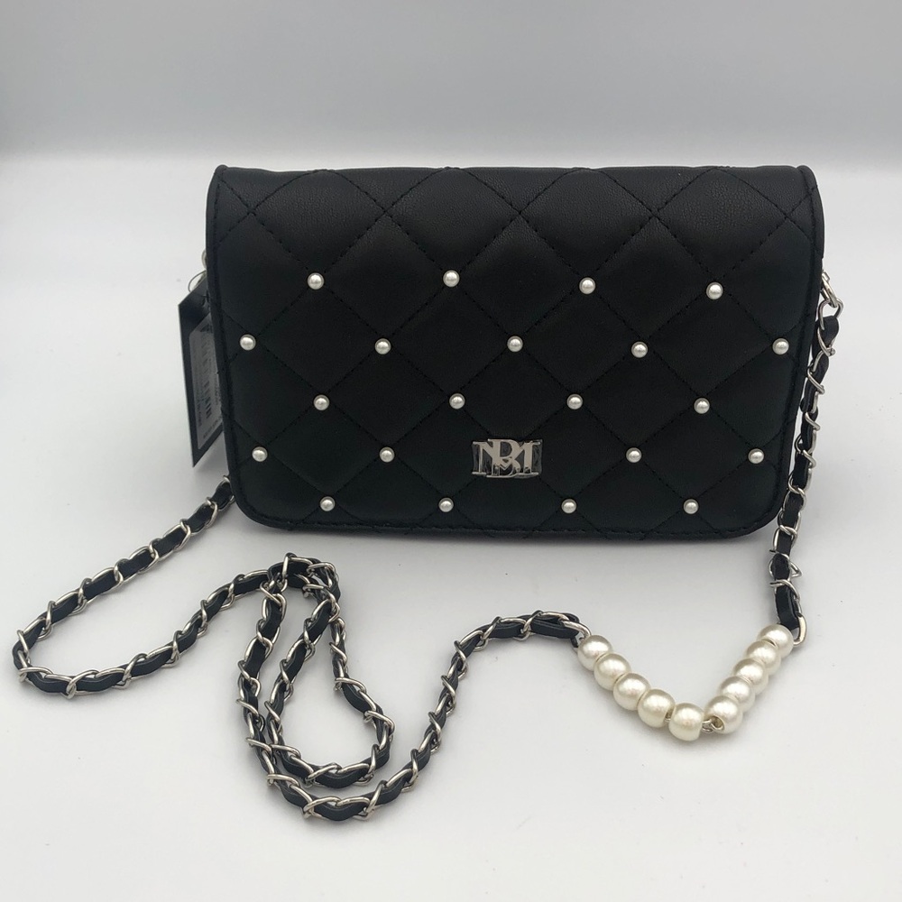 Badgley Mischka Black Dismond Quilted Crossbody Bag with Pearls